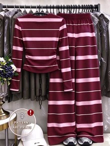SHEIN (1 Set) Tween Girls Autumn Casual Fashion Blue & Brown Horizontal Striped Pattern Ruched Waist Long Sleeve T-Shirt & Wide Leg Pants - Multicolor - View 2