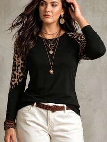 Linhara Leopard Print Raglan Sleeve Tee Graphic Cheetah Print Tees Women Tops Fall Cloth For Women - Multicolor - View 6
