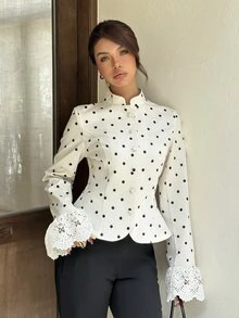 Siren Gaze Áo khoác ngắn nữ mới thu/đông với cúc thắt nút kiểu ếch - Màu be - Xem 4