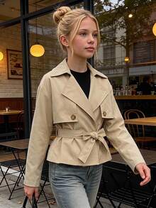 SHEIN Tween Girl Long Sleeve Zip Up Mini Black Coat Halloween Autumn Fall Style Fall Outfits - Khaki - View 1