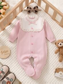 Cozy Pixies Baby Girls Newborn Pink Knitted Footed Crawler, Lace Patchwork, Knitted Romper, Knitted Autumn Winter Jumpsuit, Comfortable And Soft, Footed Design - Pink - View 1