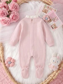 Cozy Pixies Baby Girls Newborn Pink Knitted Footed Crawler, Lace Patchwork, Knitted Romper, Knitted Autumn Winter Jumpsuit, Comfortable And Soft, Footed Design - Pink - View 2