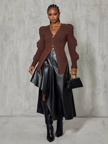BamGlimmer Deep Brown Vertical Ribbed V-Neck Cardigan, Ruffle Hollow Long Sleeve Asymmetrical Hem Knit Sweater Top - Brown - View 3