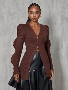 BamGlimmer Deep Brown Vertical Ribbed V-Neck Cardigan, Ruffle Hollow Long Sleeve Asymmetrical Hem Knit Sweater Top - Brown - View 5