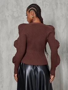 BamGlimmer Deep Brown Vertical Ribbed V-Neck Cardigan, Ruffle Hollow Long Sleeve Asymmetrical Hem Knit Sweater Top - Brown - View 2