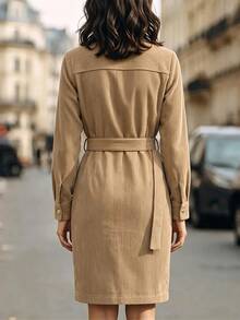 SHEIN Women's Textured Fabric Metal Buckle Business Casual Midi Dress - Brown - View 2