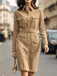 SHEIN Women's Textured Fabric Metal Buckle Business Casual Midi Dress - Brown - View 5