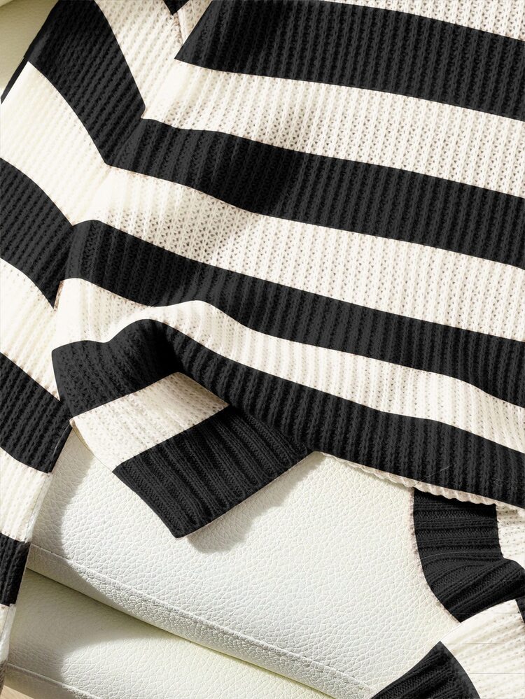 SHEIN Women's Striped Casual Daily Long Sleeve Sweater - Black and White - View 5