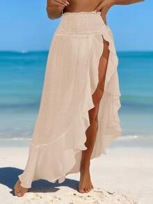 SHEIN Swim Springbreak Women Chiffon Ruffle Waist Trim Beach Vacation Maxi Dress, Light And Split Hem Long For Summer Orange Sexy Tropical - Apricot - View 4