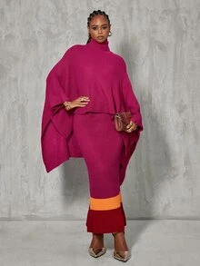BamGlimmer European Style Purple Knit 2 Pieces Set, Asymmetrical Shawl Top With Colorblock Hem, Slim Fit Bodycon Maxi Skirt - Hot Pink - View 7