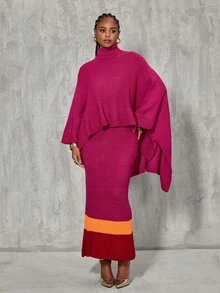 BamGlimmer European Style Purple Knit 2 Pieces Set, Asymmetrical Shawl Top With Colorblock Hem, Slim Fit Bodycon Maxi Skirt - Hot Pink - View 3