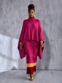 BamGlimmer European Style Purple Knit 2 Pieces Set, Asymmetrical Shawl Top With Colorblock Hem, Slim Fit Bodycon Maxi Skirt - Hot Pink - View 1