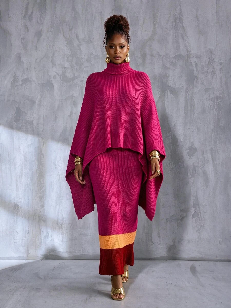 BamGlimmer European Style Purple Knit 2 Pieces Set, Asymmetrical Shawl Top With Colorblock Hem, Slim Fit Bodycon Maxi Skirt - Hot Pink - View 1