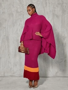 BamGlimmer European Style Purple Knit 2 Pieces Set, Asymmetrical Shawl Top With Colorblock Hem, Slim Fit Bodycon Maxi Skirt - Hot Pink - View 5