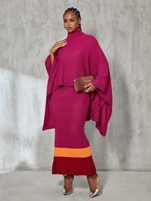 BamGlimmer European Style Purple Knit 2 Pieces Set, Asymmetrical Shawl Top With Colorblock Hem, Slim Fit Bodycon Maxi Skirt - Hot Pink - View 6
