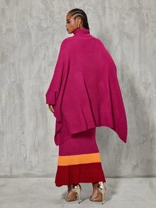 BamGlimmer European Style Purple Knit 2 Pieces Set, Asymmetrical Shawl Top With Colorblock Hem, Slim Fit Bodycon Maxi Skirt - Hot Pink - View 2