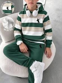 2pcs Tween Boys Sweatshirt Set Casual Dark Green Colorblock Striped Loose Hooded Regular Thickness School Fall Back To School - Multicolor - View 1