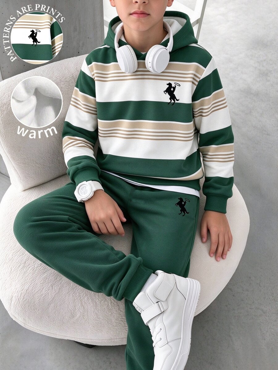2pcs Tween Boys Sweatshirt Set Casual Dark Green Colorblock Striped Loose Hooded Regular Thickness School Fall Back To School - Multicolor - View 1