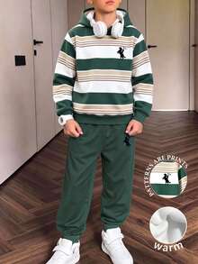 2pcs Tween Boys Sweatshirt Set Casual Dark Green Colorblock Striped Loose Hooded Regular Thickness School Fall Back To School - Multicolor - View 3