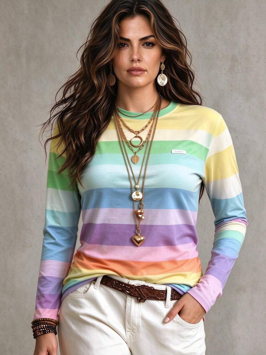 Linhara Women'S Crew Neck Long Sleeve T-Shirt With Digital Wide StripesCasual Style, Color Block Details Fall - Multicolor - View 1