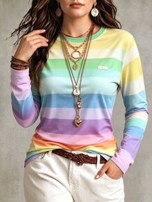 Linhara Women'S Crew Neck Long Sleeve T-Shirt With Digital Wide StripesCasual Style, Color Block Details Fall - Multicolor - View 5
