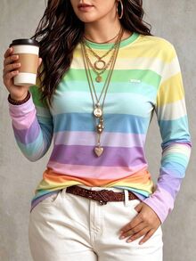 Linhara Women'S Crew Neck Long Sleeve T-Shirt With Digital Wide StripesCasual Style, Color Block Details Fall - Multicolor - View 4