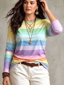Linhara Women'S Crew Neck Long Sleeve T-Shirt With Digital Wide StripesCasual Style, Color Block Details Fall - Multicolor - View 6
