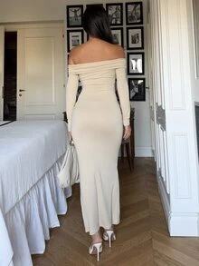 Ronhire Elegant klänning med off shoulder och fiskbenssvans, höst - Beige - Visa 2