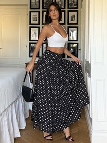 Ronhire 女士休闲波点印花A字裙，秋季 - 黑色 - 查看 4