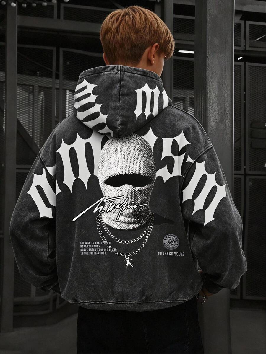 SHEIN 青少年男孩字母肖像圖案拉鍊連帽衛衣，街頭風長袖衛衣，適合派對、返校、正式場合、日常穿著、學校、旅行、運動，春夏秋季