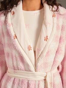 Athîral Women's Casual Pink Plaid Gingerbread Man Print Plush Long Sleeve Robe For Fall Winter,Soft Fabric - Pink - View 7