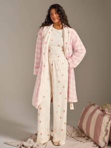 Athîral Women's Casual Pink Plaid Gingerbread Man Print Plush Long Sleeve Robe For Fall Winter,Soft Fabric - Pink - View 6