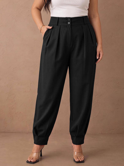 SHEIN LUNE CURVE Plus Size Women's Spring/Autumn Elegant Commute Vintage Brown Single-Breasted Decorative Pleated Lantern-Leg Cuffed Loose Slimming Casual Minimalist Suit Pants