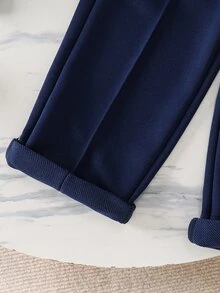 SHEIN 男童 2 件套條紋印花 Polo 領長袖上衣 + 純色長褲套裝，休閒復古童裝，適合上學、秋季 - 藍色 - 查看 7