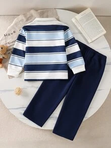 SHEIN 男童 2 件套條紋印花 Polo 領長袖上衣 + 純色長褲套裝，休閒復古童裝，適合上學、秋季 - 藍色 - 查看 3