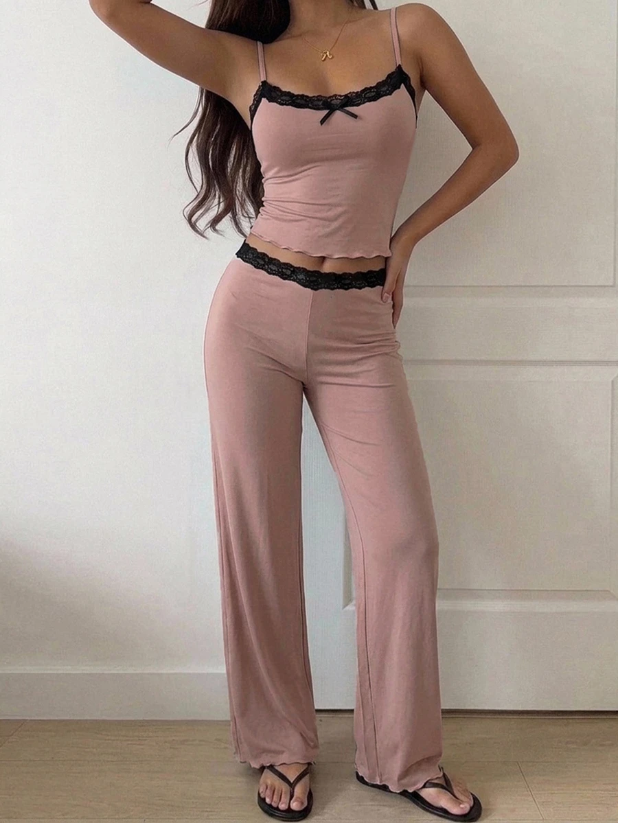 Livesso Women's Lace Patchwork Camisole & Long Pants Pajama Set - Pink - View 1
