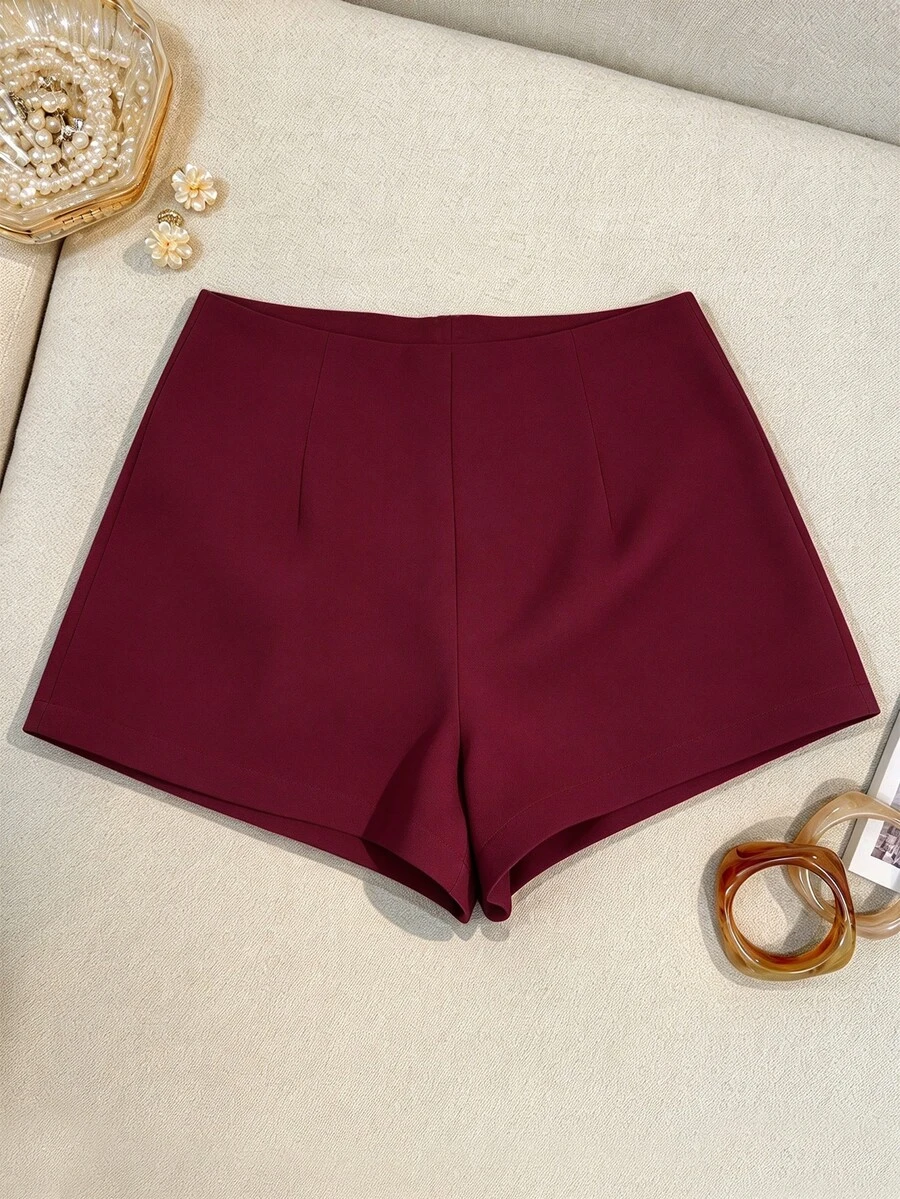 INAWLY Women's Plain Solid Color Casual Basic Shorts, Fashionable For Summer Going Out Plain Black - Rose Red - View 1