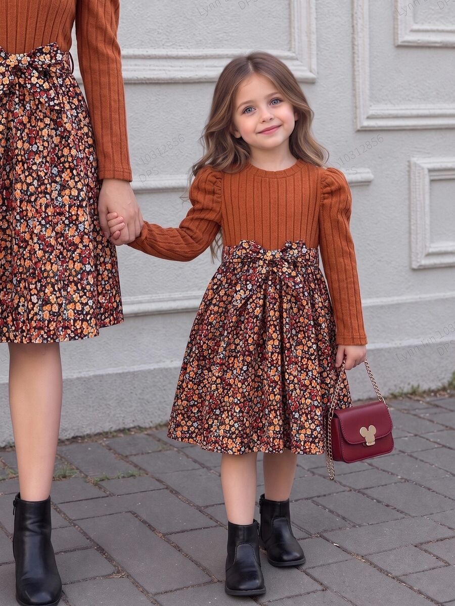 SHEIN Young Girl Sweet 2 In 1 Dress Ribbed Knit Puff Long Sleeve Top And Ditsy Floral Bowknot Flared Pleated A Line Swing Dress Young Girl Autumn Casual Clothes - Orange - View 1