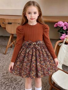 SHEIN Young Girl Sweet 2 In 1 Dress Ribbed Knit Puff Long Sleeve Top And Ditsy Floral Bowknot Flared Pleated A Line Swing Dress Young Girl Autumn Casual Clothes - Orange - View 7