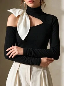Balvessa Women's Cutout Sexy Strappy Long Sleeve Bodysuit - Black and White - View 5