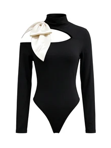 Balvessa Women's Cutout Sexy Strappy Long Sleeve Bodysuit - Black and White - View 6