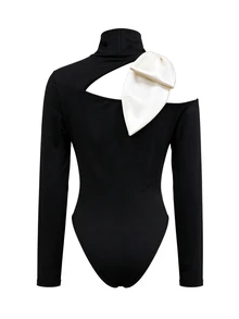 Balvessa Women's Cutout Sexy Strappy Long Sleeve Bodysuit - Black and White - View 8
