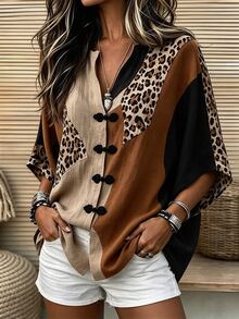 SHEIN ملابس علوية نسائي جديد بأسلوب صيني بياقة واقفة وأزرار ضفدعية وأكمام قصيرة، طباعة نمر مع كتل لونية وتصميم رقعة فضفاضة بأكتاف منسدلة، كارديجان بياقة على شكل حرف V - متعدد الألوان - مشاهدة 5