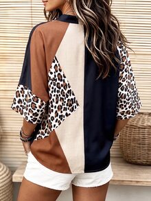 SHEIN ملابس علوية نسائي جديد بأسلوب صيني بياقة واقفة وأزرار ضفدعية وأكمام قصيرة، طباعة نمر مع كتل لونية وتصميم رقعة فضفاضة بأكتاف منسدلة، كارديجان بياقة على شكل حرف V - متعدد الألوان - مشاهدة 2