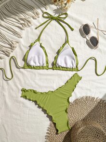 SHEIN Swim Women's Vacation Sexy Solid Color High Stretch Ruffle Edge Bikini Set For Summer - Green - View 2