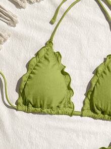 SHEIN Swim Women's Vacation Sexy Solid Color High Stretch Ruffle Edge Bikini Set For Summer - Green - View 3
