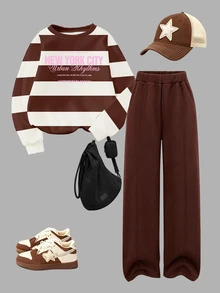Girls' Fashionable Beige Brown Wide Stripe Letter NEW YORK CITY Graphic Print Crew Neck Sweatshirt & Straight Leg Pants Set - Multicolor - View 3