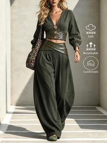 Breezaya Ladies' Fall Two Pieces Set: Commuter Retro Elegant Olive Green Deep V-Neck Bell-Sleeve Top + Loose Casual Wide-Leg Curved Pants Night Out Date Night - Dark Green - View 3