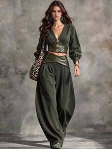 Breezaya Ladies' Fall Two Pieces Set: Commuter Retro Elegant Olive Green Deep V-Neck Bell-Sleeve Top + Loose Casual Wide-Leg Curved Pants Night Out Date Night - Dark Green - View 1