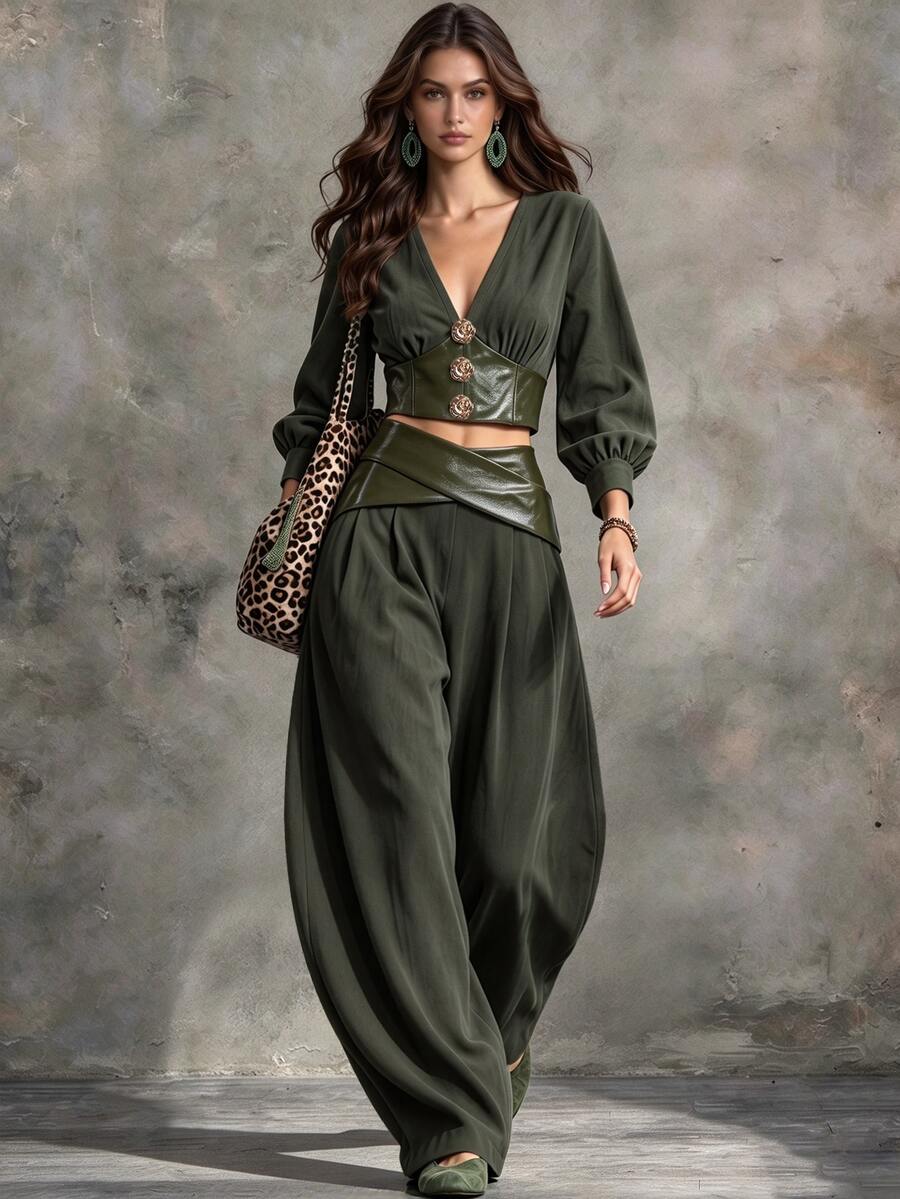 Breezaya Ladies' Fall Two Pieces Set: Commuter Retro Elegant Olive Green Deep V-Neck Bell-Sleeve Top + Loose Casual Wide-Leg Curved Pants Night Out Date Night - Dark Green - View 1